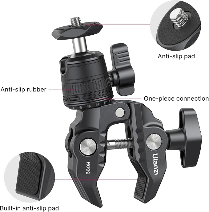 ULANZI R099 Super Clamp Camera Mount with 360° Ballhead | Clamps 0.51-2.36in Pole Tube, 3.3lb Load, for Bike Motorcycle Handlebar Insta360 GoPro DJI Phone DSLR Light Monitor - Image 6