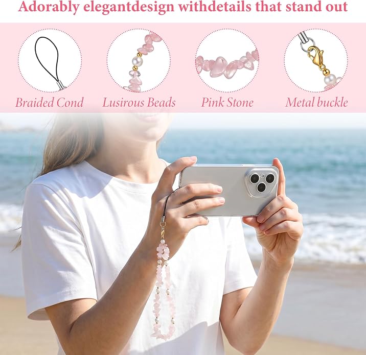Ouligay Pink Camera Wrist Strap Cute Natural Gemstone Phone Chain Lanyard | Beaded Wrist Strap for Bag Case Bags Pendants Decor Chains Small Gifts for Woman Girls - Image 6