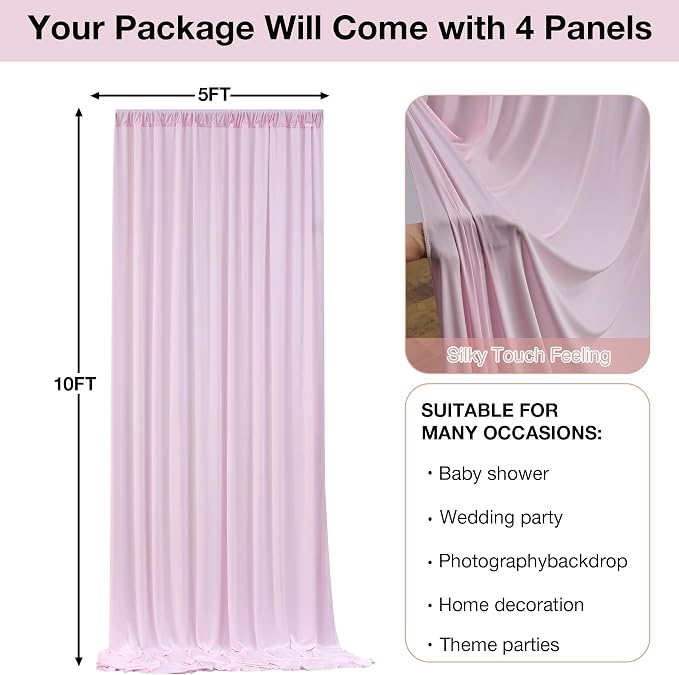 20ftx10ft Wrinkle Free Light Pink Backdrop Curtains for Parties, Silky Polyester Photo Backdrop Drapes 4 Panels 5x10ft Back Drop Cloth for Wedding Birthday Baby Shower Photography Background - Image 6