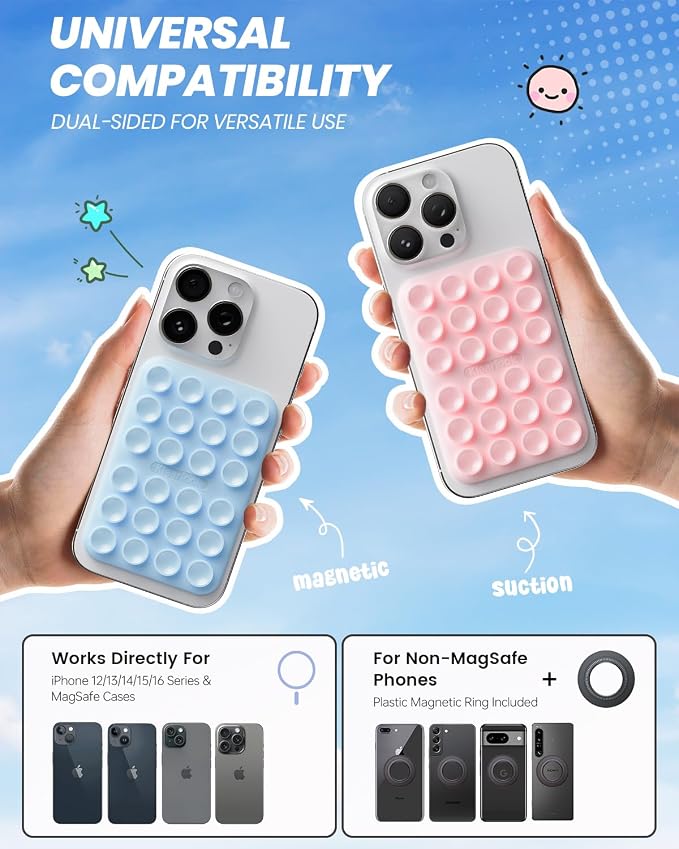 2Pack Magnetic Suction Phone Mount for MagSafe, Light Pink & Light Blue | Sticky Phone Grip Holder for iPhone, Removable Hands-Free Selfie/Video for TikTok Influencers, Women Girl Gift - Image 2