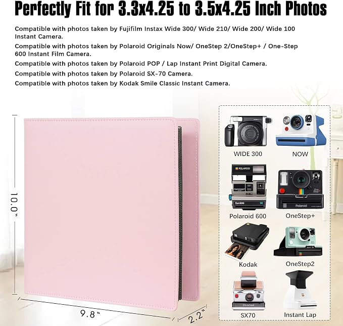 Veicevol 192-Pocket Album for Polaroid i-Type, 600 & SX-70 Photos, Pink | Designed for Fujifilm Instax Wide Photos, Water-Resistant PU Leather Cover, Family Memories, Securely Holds Up to 192 Photos - Image 2