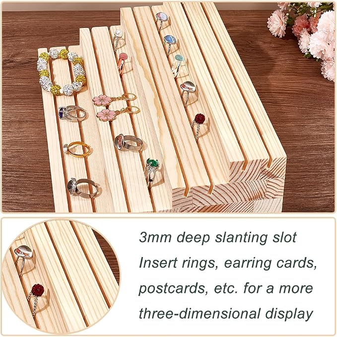 NBEADS 4-Tier Wood Jewelry Display Stand, Wooden Earring Organizer Holder with Grooves Jewelry Showcase Rack for Rings Earring Display Photo Home Decorations - Image 5