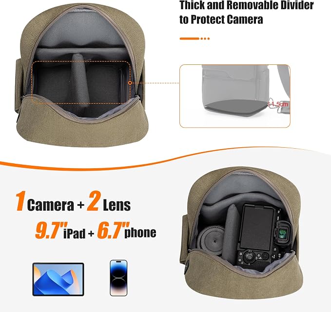 Cwatcun Large Canvas Sling Bag, Crossbody Chest Bag with Tripod Holder | Fits 1body +2lenses +9.7" iPad +6.7"phone.Waterresistant canvas with rain cover, tripod holder, adj strap 29.5-51.2". - Image 2