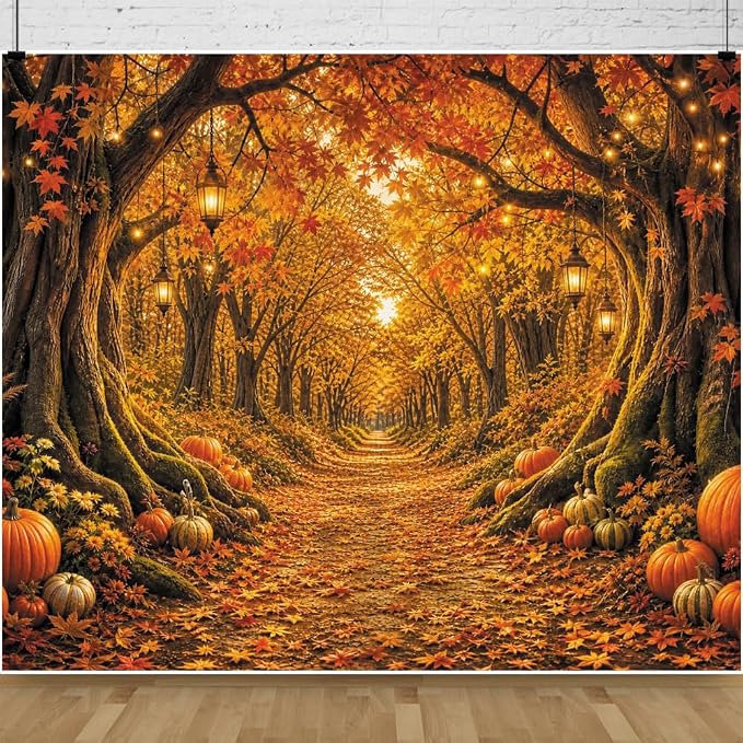 Fall Forest Photo Backdrop 10x8ft Autumn Garden Backdrop for Photography | Fall Pumpkin Maple Leaves Backdrops Wonderland Background for Photoshoot Thanksgiving Party Decorations Photo Booth Props by Leowefowa