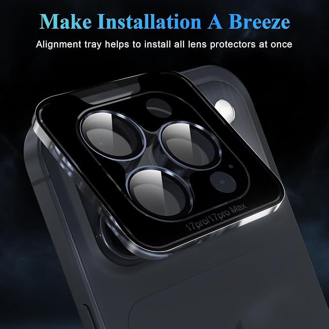 YWXTW Camera Lens Protector for iPhone 17 Pro/iPhone 17 Pro Max, [1 Step Installation Tray] Tempered Glass Screen Protector Metal Individual Camera Cover Accessories Case Friendly (Deep Blue-2Pack) - Image 5