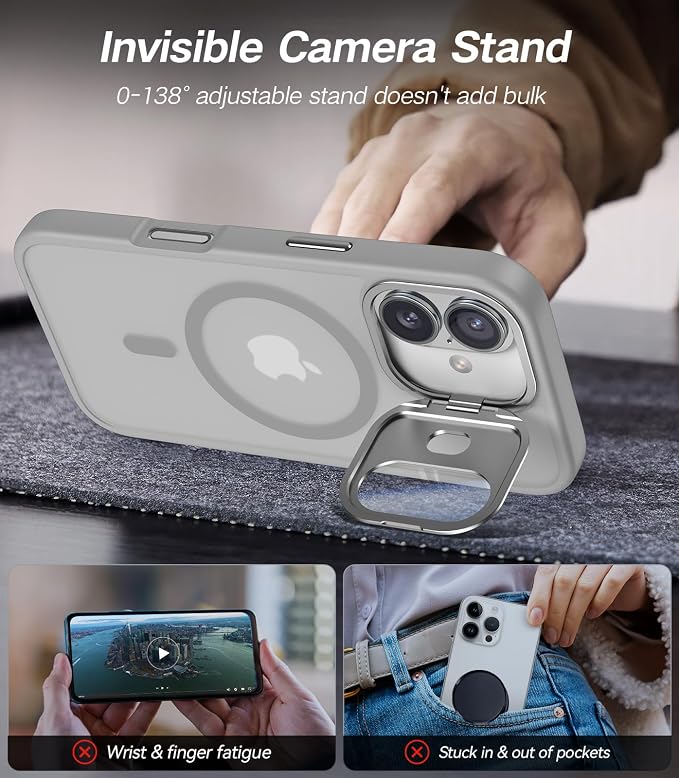 VOFATA [Upgraded] for iPhone 16 Case with Camera Cover Stand [Fit for MagSafe][9H Camera Lens Protector] Mil-Grade Protection Translucent Matte Silicone Magnetic iPhone 16 Phone Case, Grey - Image 3