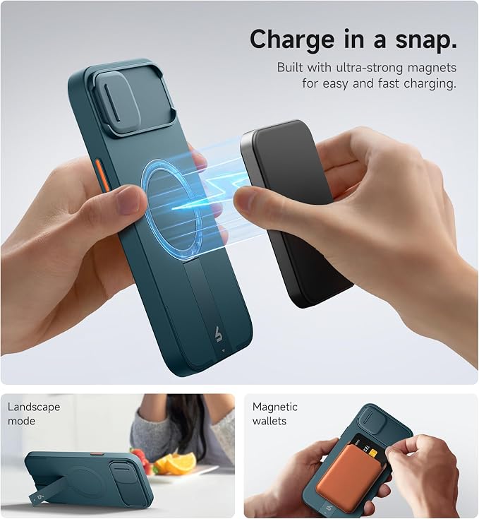 SURITCH for iPhone 14 Plus/15 Plus Case with Magnetic Camera Slide Cover and Adjustable Kickstand, Compatible with MagSafe, Shockproof Bumper Case Slim Protective Cover 6.7 Inch, Lake Green - Image 3