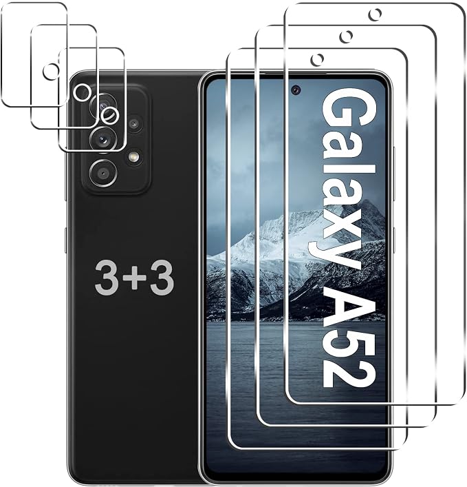 [3+3 Pack] Galaxy A52 5G Screen Protector + Camera Lens Protector, 9H Tempered Glass Film, Scratch Resistan, Easy Installation, Bubble Free, HD Screen Protector for Samsung Galaxy A52 5G/4G/A52s 5G by LXXMSXH