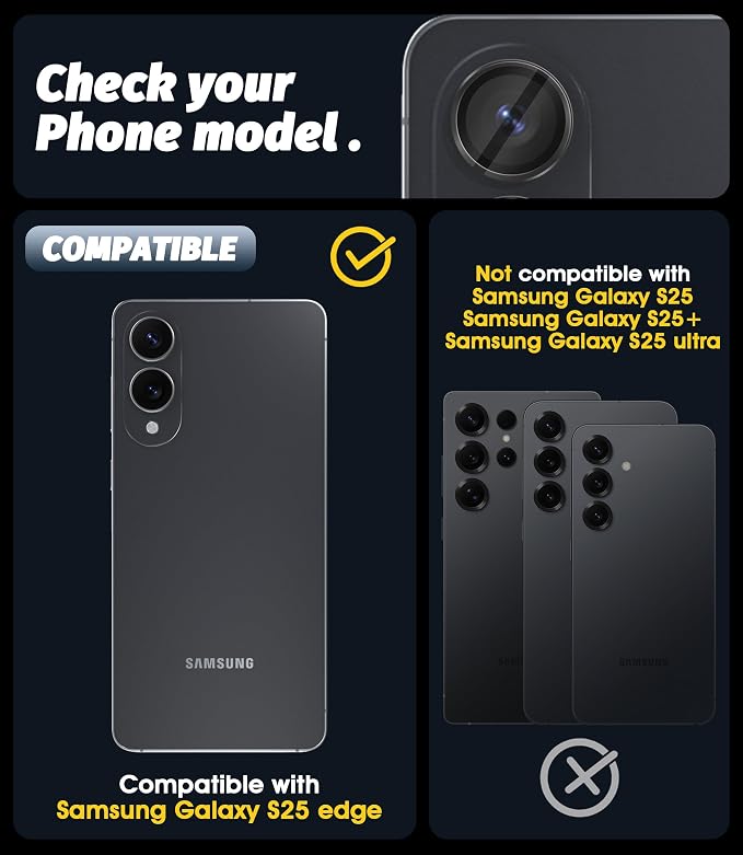 Orzero (2 Sets) Camera Lens Protector Compatible for Samsung Galaxy S25 Edge, Protector de Cámera One-Step Installation Tray Individual Matte Alloy Metal Ring Glass Case Friendly - Black - Image 2