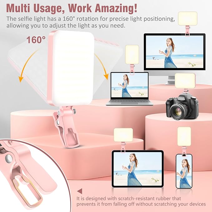 60 LED Portable Selfie Light Video Conference Lighting with Clip & Camera Tripod Adapter Rechargeable 2200mAh CRI 97+, 9 Light Modes for Phone iPhone Webcam Laptop Photo Makeup - Image 2