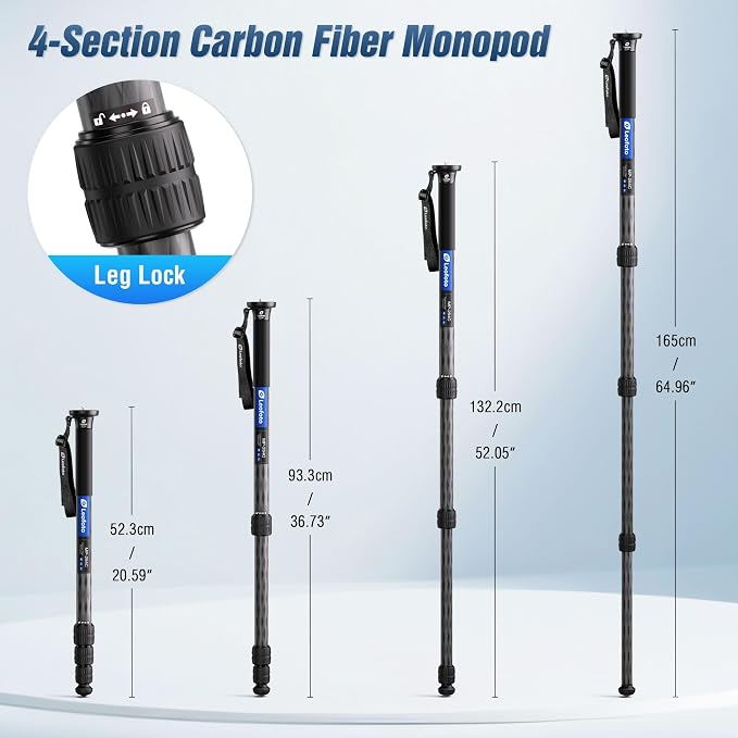 LEOFOTO 65" Lightweight Travel Carbon Fiber Monopod, 4 Section Professional Video Monopod with Wrist Strap for DSLR Mirrorless Camera, Max Load 18kg/39.68lb - Image 2