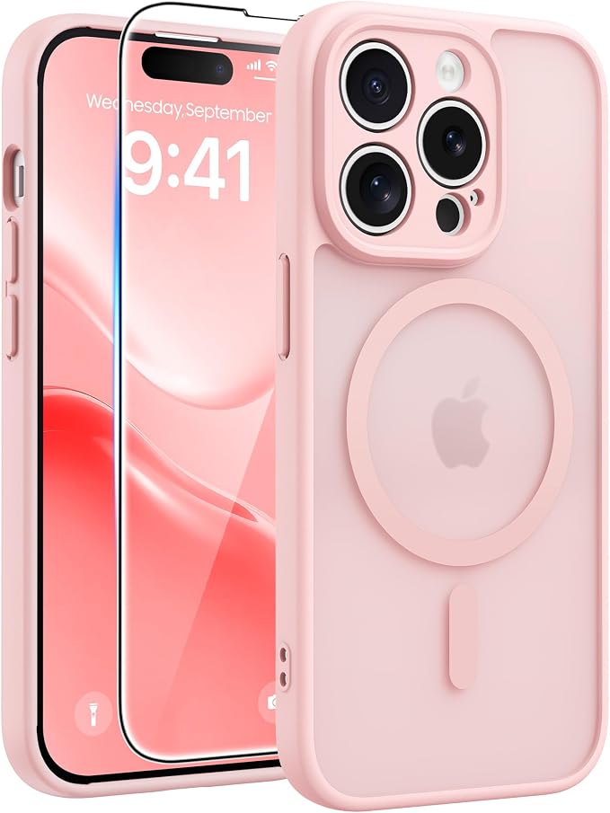 FNTCASE for iPhone 14 Pro Case, Compatible with Magsafe, Screen Protector | Full Camera Protection, Translucent Matte, 14FT Military Grade Drop Proof, Shockproof Protective Phone Cover, Light Pink by FNTCASE