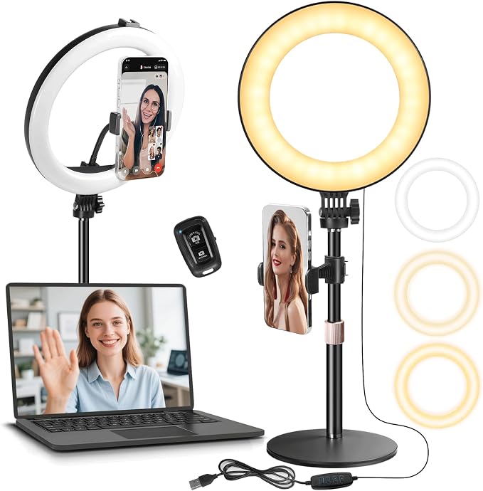 MACTREM 10“ Desk Ring Light with Stand, Desktop LED Circle Halo Light with Phone Holder for Computer Zoom Meeting, Laptop Light for Conference Video Calls, Live Streaming, Podcast, Selfie, Makeup by MACTREM