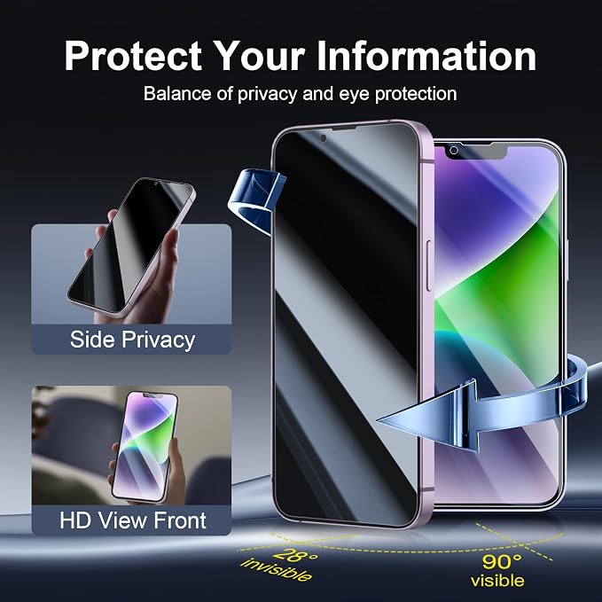 NEW'C 3x Privacy for iPhone 14 Screen Protector (6.1 inches)+ 3x Camera Lens Protector, Sensor Protection, Case Friendly Tempered Glass Film +Dust Plug - Enhanced Privacy Angle of 28 Degrees - Image 3