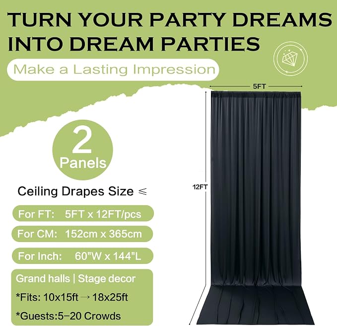 10x12 ft Black Backdrop Curtains for Weddings Parties, Birthdays and Photos | 2 Panels 5x12 ft, Wrinkle-Free Polyester Drapes, Washable, Ironable, 4 in Rod Pocket for Baby Showers Photography Background - Image 7