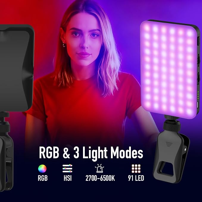 91 LED Portable Charger Selfie Light Video Conference Lighting | with Clip & Camera Tripod Adapter, Rechargeable 2000mAh, CRI 96+, 4 Light Modes, for Phone iPhone Webcam Laptop Makeup - Image 7