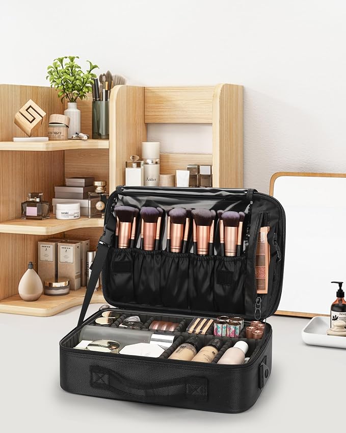 Relavel Makeup Bag Travel Train Case Cosmetic Organizer with Divider, Black | Large Storage Box with Adjustable Dividers and Brush Compartment for Cosmetics, Toiletries, Nail Polish, Jewelry, Electronic - Image 8