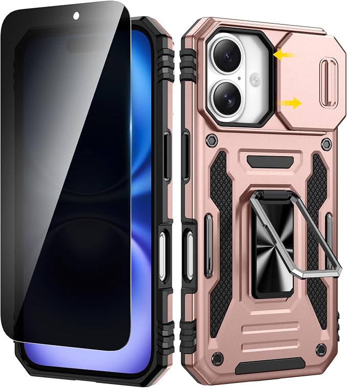 VEGO for iPhone 16 Case with Stand and Slide Camera Cover Rose Gold | Privacy Tempered Glass Screen Protector & Ring Kickstand Military Grade Protection Cover for iPhone 16 - Rose Gold by VEGO