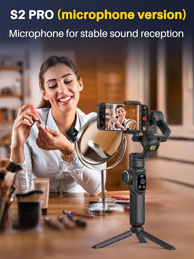 AOCHUAN S2 Smartphone Gimbal Stabilizer w/Wireless Lavalier, Built-in 18cm Extension Rod & Fill Light, Professional 3-Axis Gimbal for iPhone & Android for Video Recording - Image 2
