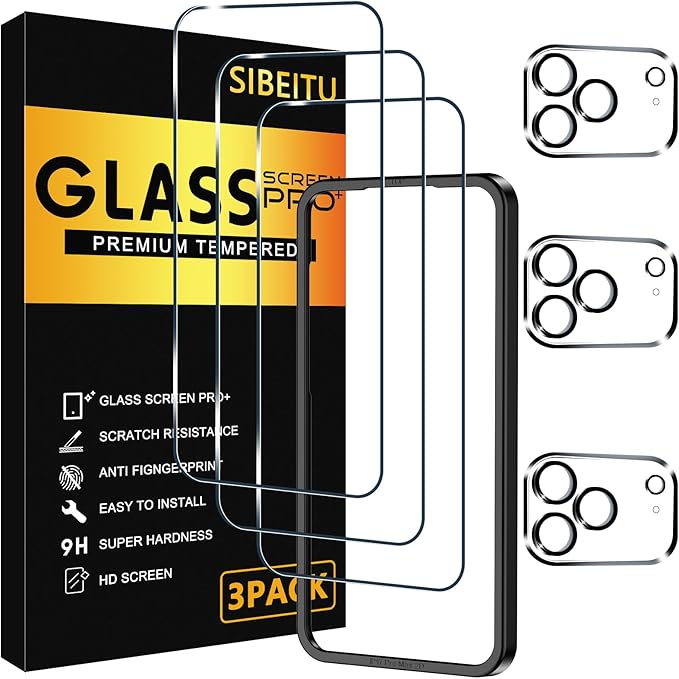 SIBEITU Screen Protector for iPhone 17 Pro Max Tempered Glass Film | 3 Pack Screen + 3 Pack Camera Lens Tempered Glass, Installation Frame, 6.9 Inch HD Clear, 9H Hardness, Scratch Resistant by SIBEITU