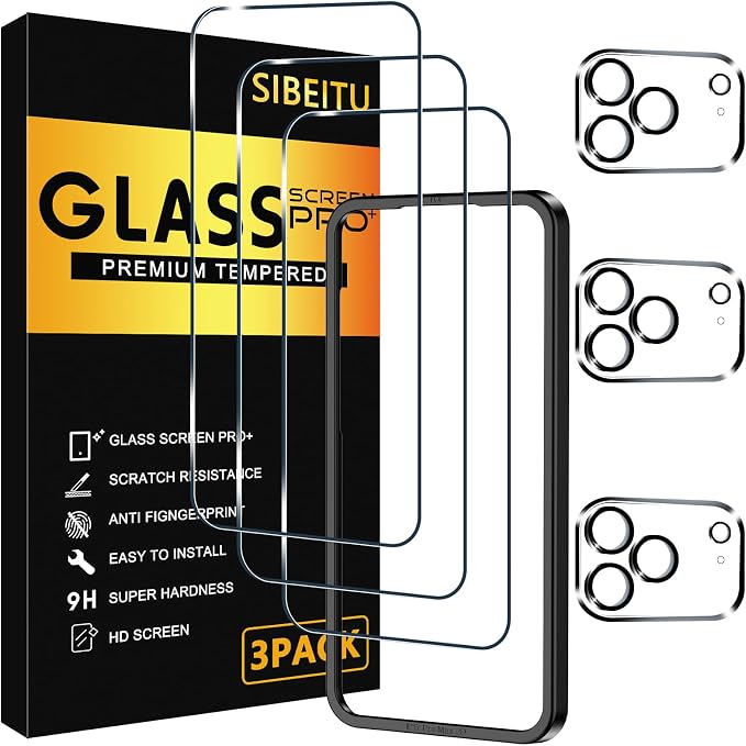 SIBEITU 3+3 Pack Screen Protector for iPhone 17 Pro 6.3 Inch Tempered Glass | 3 Pack Screen + 3 Pack Camera Lens Protector with Installation Frame, HD Clear, 9H Hardness, Scratch Resistant, Case Friendly by SIBEITU