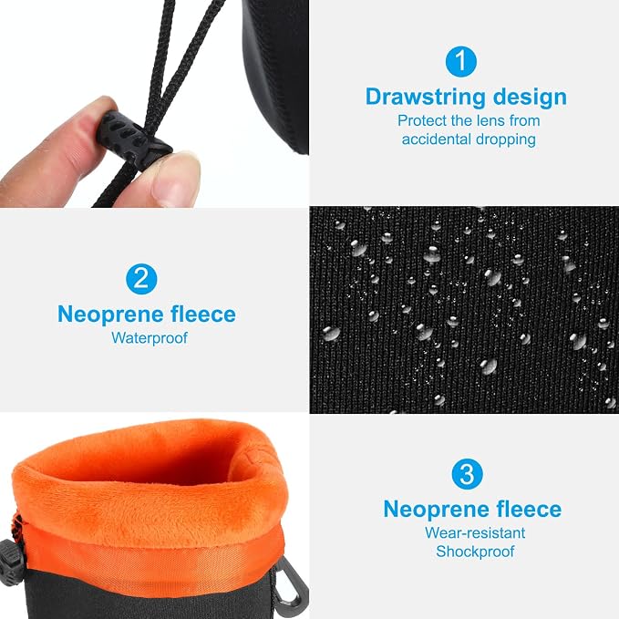 PATIKIL Camera Lens Bag - 3.7" x 7.1" Drawstring Lens Pouch with Thick Protective Neoprene, Case for DSLR Camera Lenses, Water-Resistant, Black, Orange - Image 4