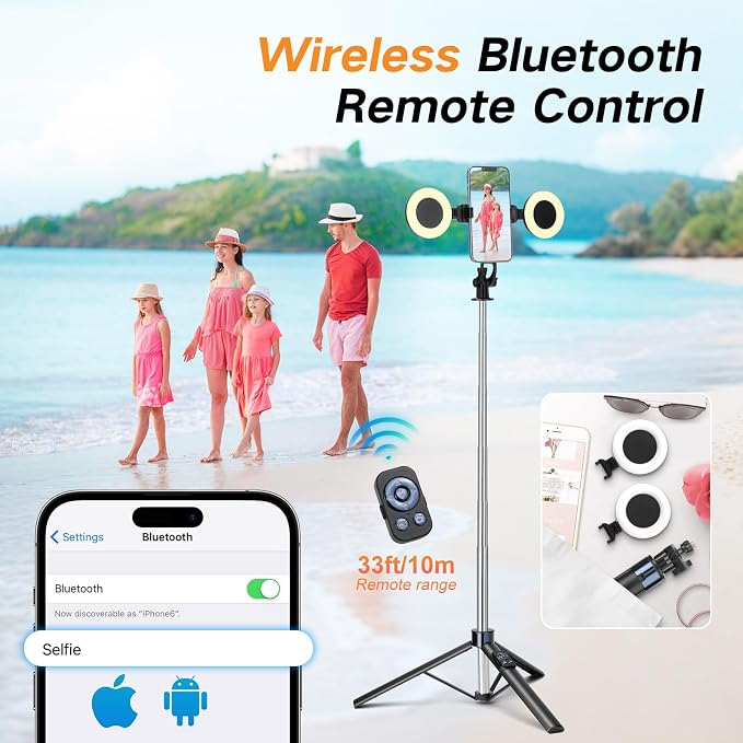 70” Phone Tripod & Selfie Stick with Light, Metal Tripod Holder with Wireless Remote,Portable Travel Selfie Stick Tripod for iPhone/Android and Gopro - Image 5
