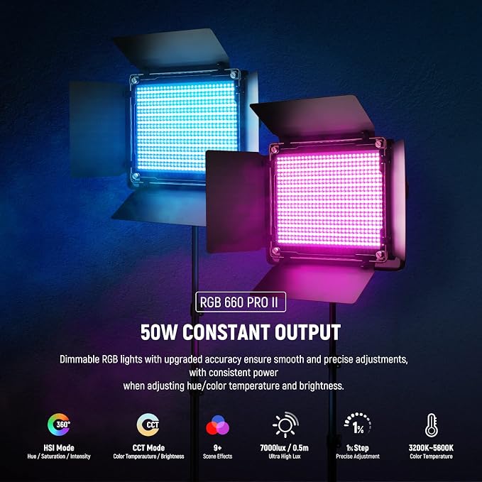 NEEWER Upgraded 660 PRO II RGB LED Video Light w App Control Tripod Stand | 2 Pack Kit, 50W, 1% Min Dimming, CRI97+, 3200K-5600K, for Game Streaming YouTube Studio, Bluetooth - Image 2