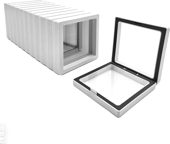 12 PCS Dual-Color Packaging Box 3D Floating Frame Display Stand, Color-Matching Packaging Display Box, Transparent Window Jewelry Case, PE Film Anti-Oxidation Storage Case. (White+Black) by Unknown