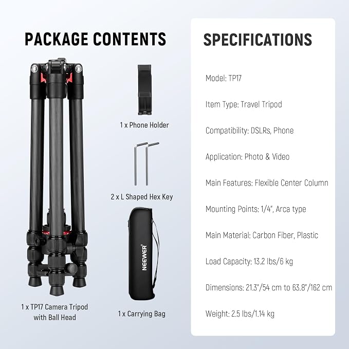 NEEWER Basics Carbon Fiber Travel Tripod, 64" Compact Lightweight Portable Camera Video Stand, Arca Type Ball Head & Cell Phone Holder Compatible with iPhone Video Recording, Max Load 13.2 lbs, TP17 - Image 9