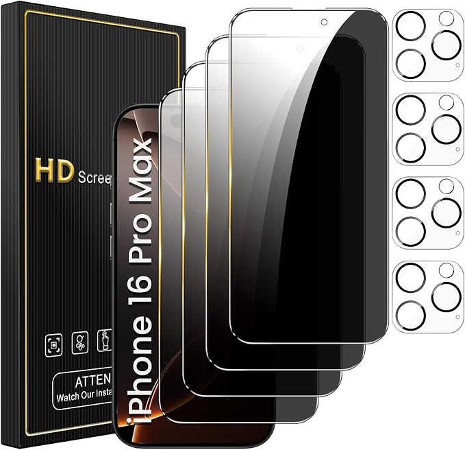 Romkasi 4 Pack Privacy Screen Protector for iPhone 16 Pro Max 6.9 Inch with 4 Pack Camera Lens Protector, Anti Spy Tempered Glass Film, Anti-Scratch, Touch Sensitive, Case Friendly by Unknown