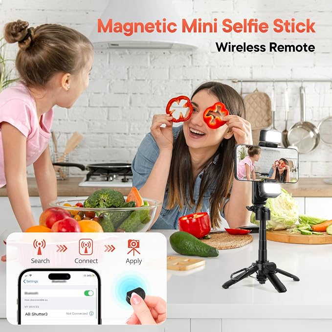 Magnetic Tripod for iPhone with Light, Mini Selfie Stick with Ligt | Pocket Size Selfie Stick with Wireless Remote Control & 2 Fill Light for Photograph, Vlogging Compatible with iPhone/Android - Image 4