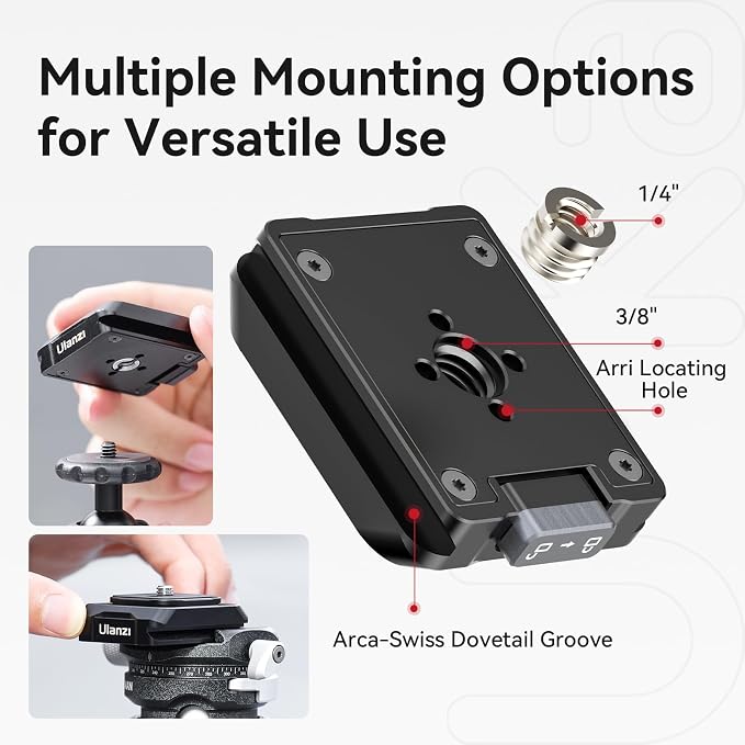 ULANZI UKA01 Camera Quick Release Plate, Tripod Mount Camera Adapter Kit | Quick Release with 1/4''-3/8" Screw for Gimbals, Sliders, DSLR, Tripods DJI Sony& 38mm Arca-Swiss Max Load 20kg(Base & Plate) - Image 6