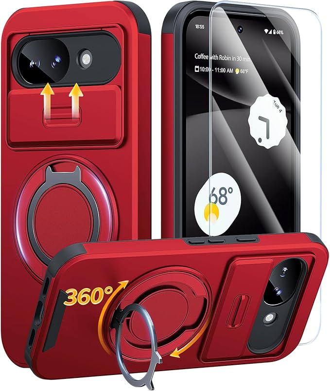 JAME for Google Pixel 10A Case with Ring Stand & Slide Camera Cover Red | Ring Holder Kickstand, Screen Protectors, Dual-Layer Shockproof Protective, Magnetic Accessory Friendly Phone Case, Red by JAME