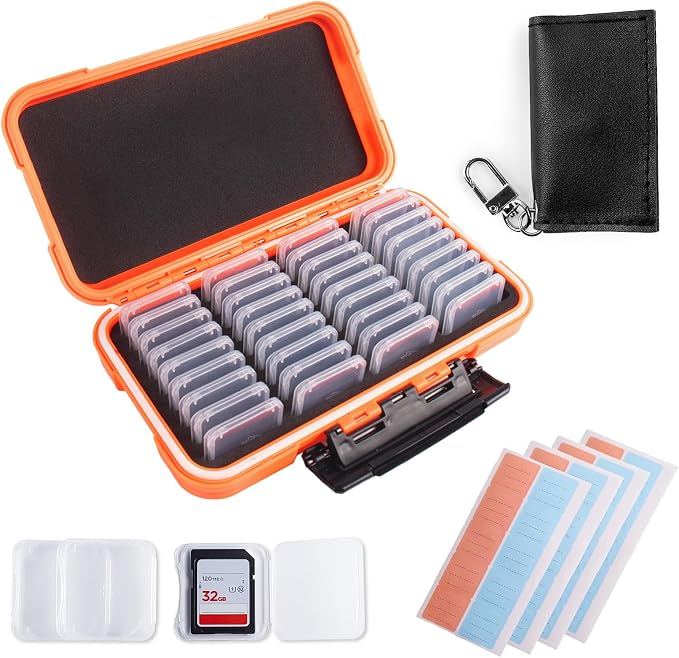 36-Slot SD Card Holder with Clear Cases, Orange Camera Organizer | Memory Card Case with 36 Transparent Holders and 40 Writable Labels, Storage for Cameras by Micscrew