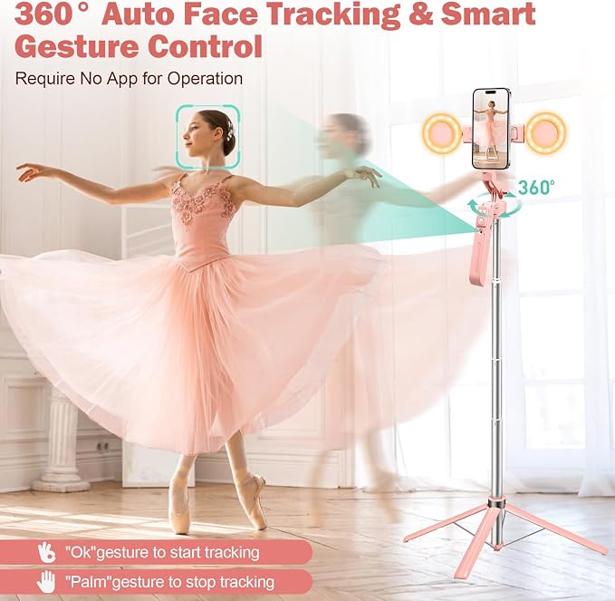 70.9" Auto Face Tracking Selfie Stick Tripod for iPhone with Light, 360° Rotation & Gesture Control, Cell Phone Tripod with Remote for TikTok/Vlog/Live Stream, Compatible with iPhone/Android - Image 2