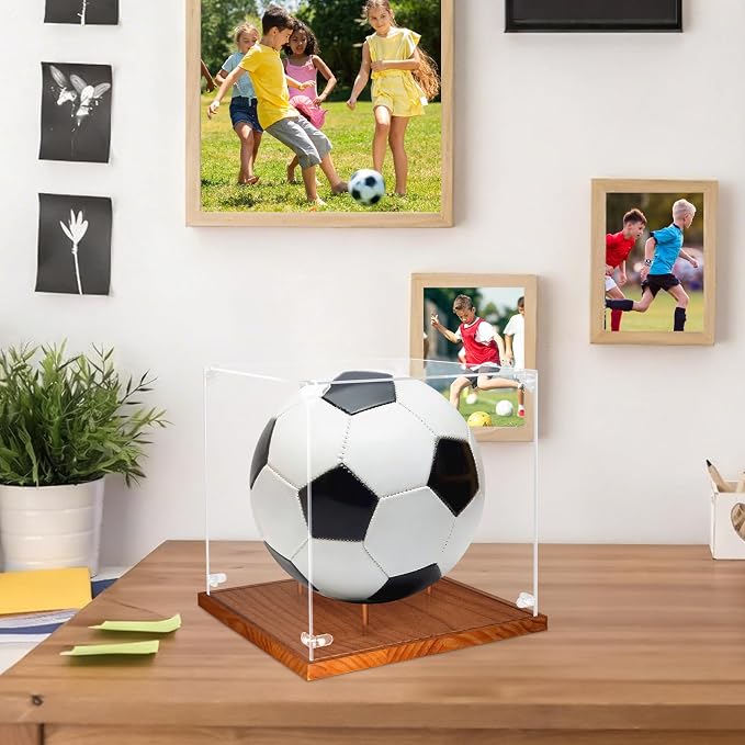 Clear Acrylic Soccer Display Case with Wood Base & Tee, Memorabilia Stand Cube Holder, Dust Protection Transparent Storage Box for Single Ball Souvenir Soccer Ball Collections - Image 5
