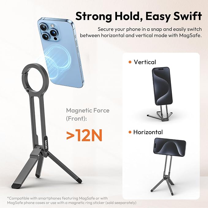 ULANZI MA30 Magnetic Phone Tripod Stand for iPhone-Aluminium Maglock Smartphone Mini Tripod Pocket Cell Phone Stand Strong Magnet Quick Mount Compatible with iPhone 17 16 15 14 13 12 Series, Dark Gray - Image 4