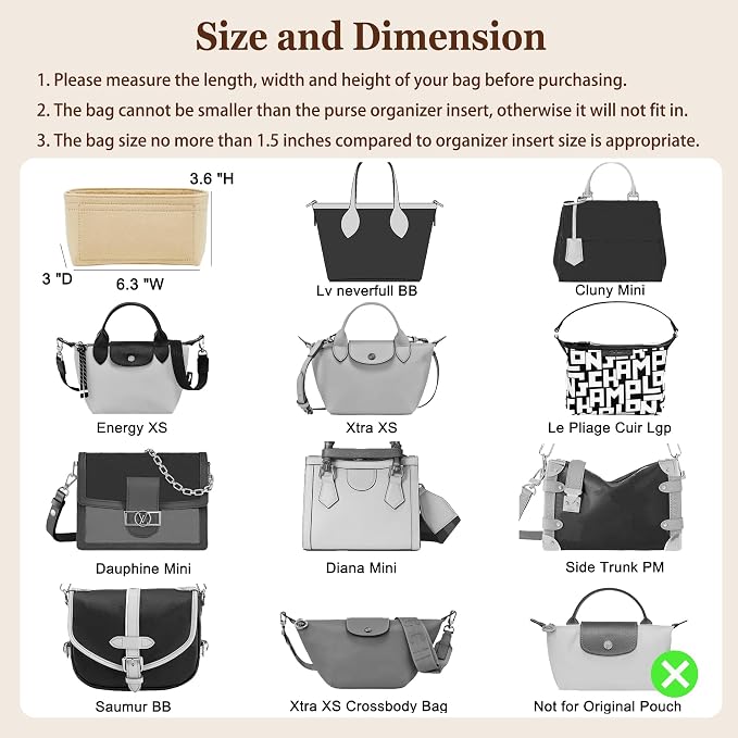 Doxo Small Purse Organizer Insert for Handbags, Felt Neverfull BB Organizer Insert,Mini Tote Bag Organizer with Zipper Pocket, Fit Neverfull BB Longchamp Xtra Energy S and More, Beige-XS - Image 3