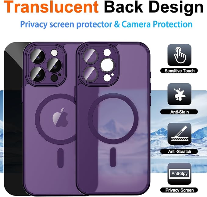 for iPhone 13 Pro Max Case with Privacy Screen Protector, Purple | Full Camera Protection, Translucent Matte Magnetic, Compatible with MagSafe, Shockproof Phone Cover, Slim Fit Women/Girls - Image 2