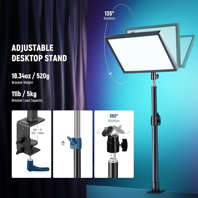 NEEWER GL25C LED RGB Streaming Key Light, APP/PC Control 25W 2500Lux/0.5m 2900K-7000K CRI95+/TLCI97+ Full RGB Dimmable Edge Emitting Silent Webcam Video Light with Desk Stand - Image 8