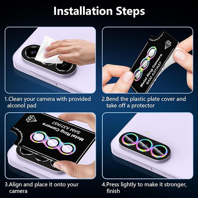 for Samsung Galaxy A37/A57 Camera Lens Protector, Individual Metal Ring Tempered Glass Lens Cover, [Strong Adsorption] Scratch Resistant Ultra-Thin HD Clear Lens Cover, 1 Set-Colorful - Image 6