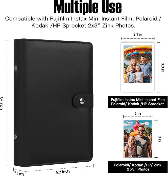 Veicevol 156-Pocket Album for Instax Mini & Polaroid 2x3 inch Photos, Black | PU Leather Cover, Portable Album, Mini Photo Album for Fujifilm Instax Mini Camera, Polaroid Camera, Wedding Keepsake - Image 2