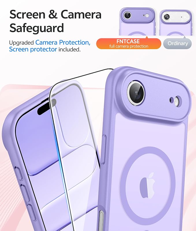 FNTCASE for iPhone Air Case, Fit for Magsafe, with Glass Screen Protector | Full Camera Protection, Translucent Matte, 14FT Military Grade Drop Proof, Shockproof Protective Phone Cover, Light Purple - Image 4