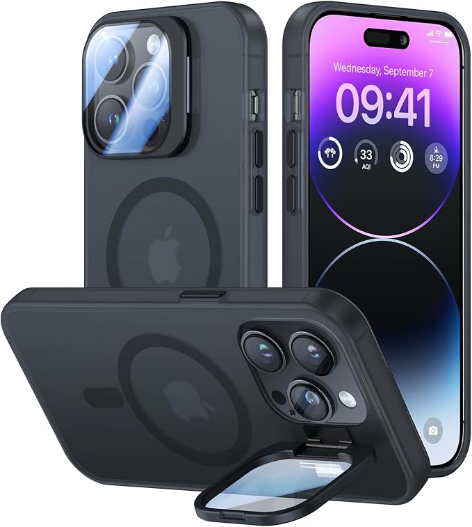 VOFATA for iPhone 14 Pro Max Case with Camera Cover Stand [Built-in 9H Camera Lens Protector][Fit for Magsafe] Military Grade Shockproof Translucent Matte Magnetic Phone Case 6.7", Black by VOFATA