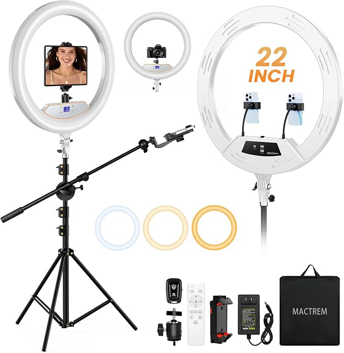 MACTREM Large 22" Ring Light with Stand, 75" Tripod for iPad iPhone Tatoo | LCD Display, Phone Tablet Clips, 2 USB Ports, Professional Lighting for Barber Makeup Streaming TikTok Video Recording Vlog by MACTREM