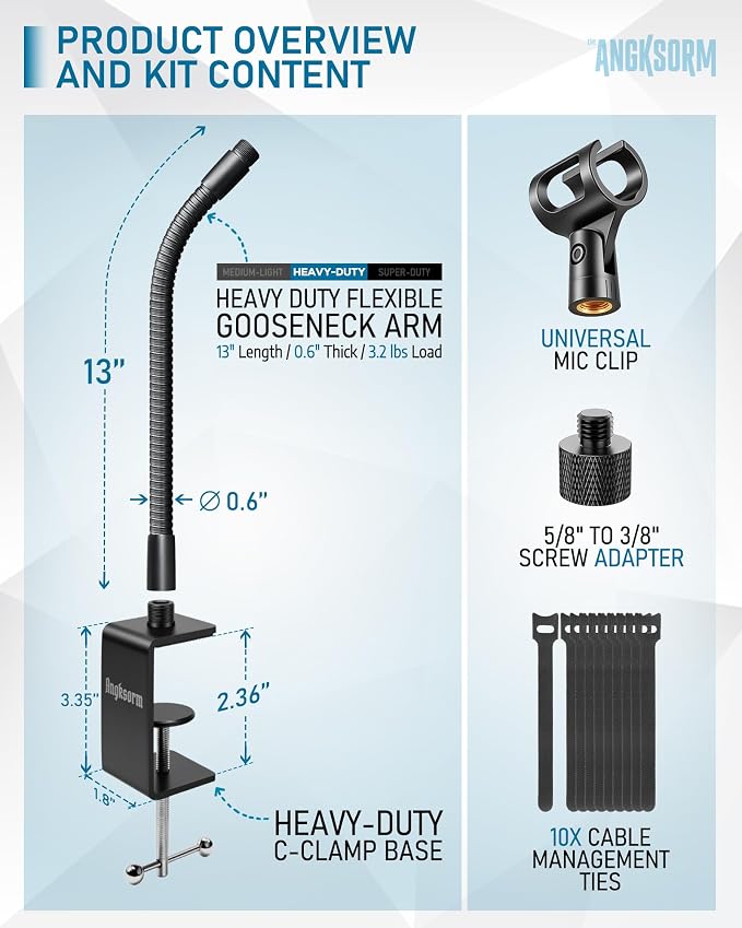 KC32 13-Inch Gooseneck Mic Stand, Heavy-Duty Desk Clamp for Podium | Flexible Arm Microphone Holder, Lectern Mount, 5/8-27 Thread, 3/8-16 Adapter, Mic Clip, Podcast, Pulpit, Studio, 3.2 lb Load - Image 2