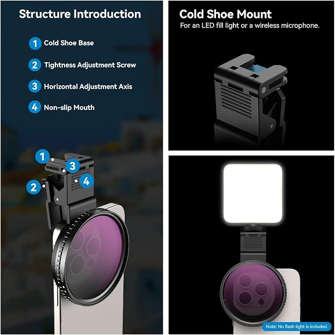 APEXEL 67mm Variable ND2-32 ND Filter for iPhone/DSLR Neutral Density Filter for iPhone Camera Lens 16 15 14 13 12 Pro Max Samsung Galaxy Huawei with Adapter Ring, Universal Clip, Cold Shoe - Image 6