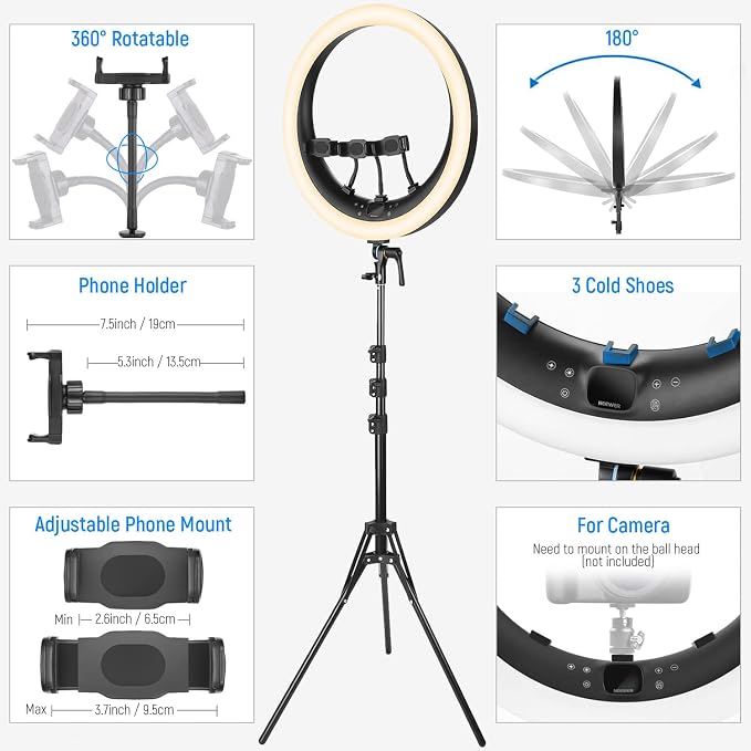 NEEWER 19 inch 2.4G Ring Light with Stand, 3 Phone Holders, 2.4G USB Transmitter for Mac/PC Remote Control, Touch Panel, Smooth Dimming at 1%, 3200K-5600K for Selfie TikTok Live Streaming Zoom, RP19H - Image 7
