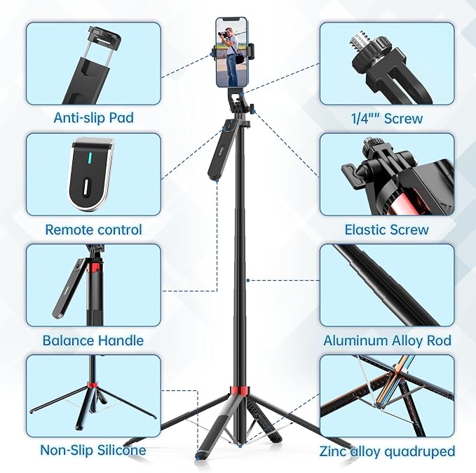 ULANZI MA09 Phone Tripod, 71" Selfie Stick for Luna Gopro Pocket4 Action | Cell Phone Tripod Stand w rechargeable remote, Handheld Shooting, 360° Rotating, 1/4'' Screw for Selfie Video, iPhone Android - Image 6